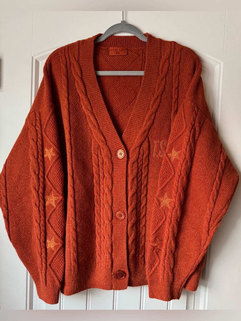 Taylor Swift Orange Cable Knit Star Cardigan M/L Metallic Shimmer TS